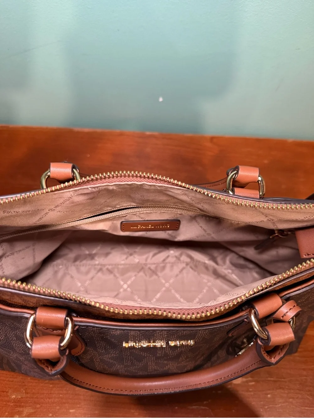 Michael Kors Brown and Tan Signature MK Tote with Gold Accent